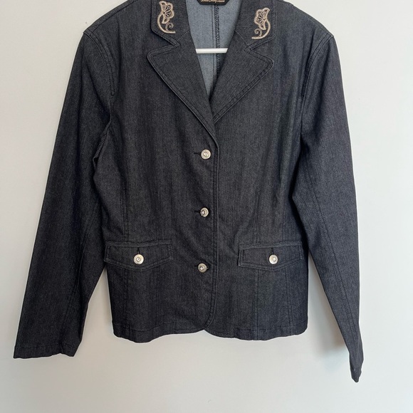 Simon Chang Embroidered Black Denim Blazer Jacket Size 8 - Picture 2 of 10